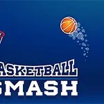 Kosárlabda repül a kosár felé kék háttérrel, alul Basketball Smash felirattal