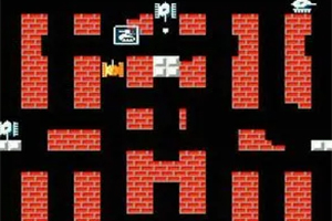 Battle City Pirossal kirakott téglafalak között fekete alapú labirintus látható, közepén fehér és sárga szimbólumokkal