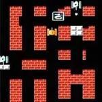 Battle City Pirossal kirakott téglafalak között fekete alapú labirintus látható, közepén fehér és sárga szimbólumokkal