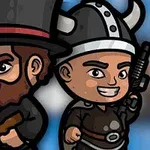 Két rajzfilmszerű figura, az egyik magas cilinderben és szakállal puskát tart, míg a másik viking sisakot visel és géppisztolyt fog