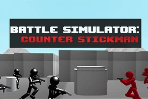 Pálcikafigurák harci jelenete fekete és piros színben, szürke akadályokkal és háttérben a Battle Simulator: Counter Stickman felirat