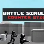 Pálcikafigurák harci jelenete fekete és piros színben, szürke akadályokkal és háttérben a Battle Simulator: Counter Stickman felirat