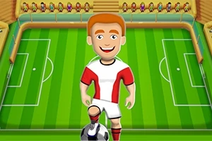 Rajzolt futballista piros-fehér mezben egy labdarúgópályán, lábbal a labdán