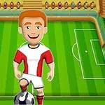 Rajzolt futballista piros-fehér mezben egy labdarúgópályán, lábbal a labdán