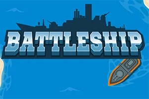 Kék háttér előtt egy hadihajó sziluettje és Battleship felirat, alul egy kis hajóval
