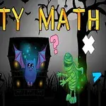 Fekete háttér előtt egy kék denevér repül egy kísérteties ház előtt, két zöld múmia mellett, különböző matematikai szimbólumokkal körülvéve