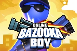Kék színű figura napszemüvegben és sapkában, bazookával a vállán, városi háttér előtt, és Online Bazooka Boy felirat