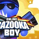 Kék színű figura napszemüvegben és sapkában, bazookával a vállán, városi háttér előtt, és Online Bazooka Boy felirat