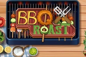 Grillen sütött zöldségek és húsdarabok egy tányéron, a BBQ Roast felirattal, körülötte konyhai eszközök és fűszerek