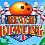 Egy narancssárga bowling golyó és hét fehér, piros csíkos tekebábú animációja látható pálmafákkal és épületekkel a háttérben