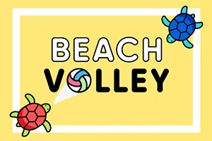 Sárga háttéren két teknős, a BEACH VOLLEY felirat és egy színes strandlabda látható