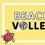 Sárga háttéren két teknős, a BEACH VOLLEY felirat és egy színes strandlabda látható