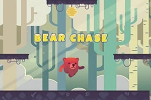 Egy piros medve ugrál platformokon egy stilizált erdő háttér előtt, a kép közepén a Bear Chase felirat olvasható