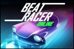 Fényes, futurisztikus autó neonfényekkel, háttérben geometriai mintákkal és kiemelkedő Beat Racer Online szöveggel