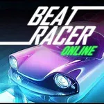 Fényes, futurisztikus autó neonfényekkel, háttérben geometriai mintákkal és kiemelkedő Beat Racer Online szöveggel