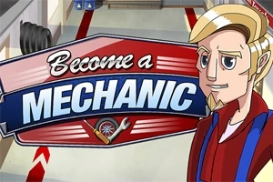 Egy rajzolt, szőke férfi figura és egy Become a Mechanic felirat egy garázs háttérrel