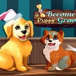 Két vidám rajzfilm kölyökkutya, az egyik samponozva, a másik szárítva, egy Become a Puppy Groomer felirat mellett