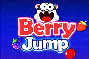 Egy kék háttér előtt „Berry Jump” felirat, fölötte egy rajzfilmfigura és körülötte bogyók találhatók