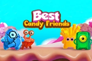 Színes, barátságos kinézetű lények és a Best Candy Friends felirat egy élénk, cukorka témájú környezetben