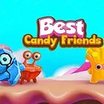 Színes, barátságos kinézetű lények és a Best Candy Friends felirat egy élénk, cukorka témájú környezetben