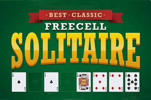 Zöld háttér előtt nagyméretű sárga SOLITAIRE felirat, alatta kezdő kártyalapok, köztük pikk ász és káró király