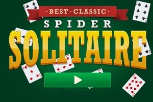 Zöld háttéren nagy, sárga Solitaire felirat kártyalapokkal körülvéve, középen egy zöld lejátszás gombbal
