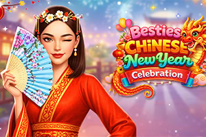 Virágos hajdíszt és piros kínai ruhát viselő nő legyezővel, mellette színes „Besties Chinese New Year Celebration felirat és arany sárkány illusztráció