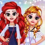 Három rajzfilmszerű lány, különböző hajszínekkel és frizurákkal, színes háttér előtt