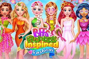 Öt lány színes, viráginspirált ruhákban és kiegészítőkkel, a háttérben élénk színek és a BFFs Flowers Inspired Fashion felirat látható