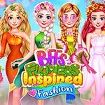 Öt lány színes, viráginspirált ruhákban és kiegészítőkkel, a háttérben élénk színek és a BFFs Flowers Inspired Fashion felirat látható