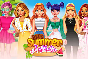 Hat fiatal nő színes nyári ruhákban áll egy trópusi háttér előtt, alul pedig a BFFs Summer Aesthetic felirat látható