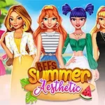 Hat fiatal nő színes nyári ruhákban áll egy trópusi háttér előtt, alul pedig a BFFs Summer Aesthetic felirat látható