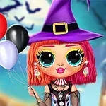 Bájos kislány boszorkányjelmezben, lufikat tartva, egy halloween tematikájú tájjal a háttérben