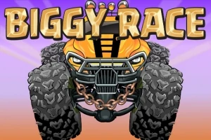 Nagy kerekű sárga terepjáró szemből, lánccal az elején, BIGGY RACE felirattal a tetején