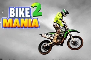 Egy motoros ugratása egy zöld terepmotorral szürke háttér előtt, a képen a Bike Mania 2 szöveg látható