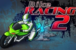Egy motoros zöld motoron sisakot viselve, dinamikus háttérrel és a Bike Racing 2 felirattal