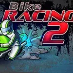Egy motoros zöld motoron sisakot viselve, dinamikus háttérrel és a Bike Racing 2 felirattal
