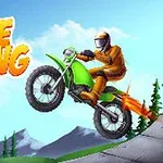 Egy motoros narancssárga ruhában zöld motorral ugrat a hegyekkel és fákkal a háttérben