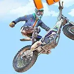 Motorkerékpáros ugrik a levegőben egy terepmotorral, kék ég háttérrel