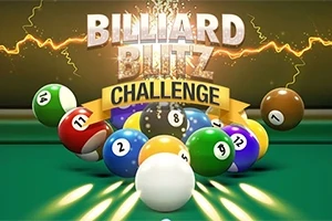 Színes biliárdgolyók csoportban a zöld asztalon, háttérben villámokkal és Billiard Blitz Challenge felirattal