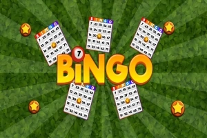 Bingó kártyák szóródnak szét egy zöld, csillagokkal díszített háttér előtt, középen a BINGO felirattal
