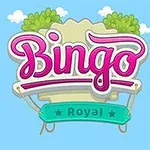 Színes Bingo Royal felirat kék háttér előtt, két kis zöld bokorral és felhőkkel díszítve
