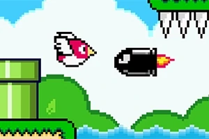 Egy pixelált, piros-fehér szárnyú madár repül egy fekete golyó alakú akadály felé, zöld csövek és tüskék mellett, kék égbolt hátterében