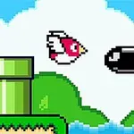 Egy pixelált, piros-fehér szárnyú madár repül egy fekete golyó alakú akadály felé, zöld csövek és tüskék mellett, kék égbolt hátterében