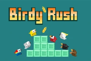 Színes madarak ugrálnak zöld dobozokon egy kék háttér előtt, a kép tetején Birdy Rush szöveg látható