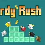 Színes madarak ugrálnak zöld dobozokon egy kék háttér előtt, a kép tetején Birdy Rush szöveg látható
