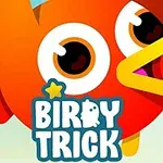 Egy élénk színű, rajzfilm stílusú, nagy szemű madár piros és narancssárga árnyalatokkal, sárga csőrrel, előtérben BIRDY TRICK felirattal