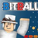 Egy fehér ruhás, kocka alakú karakter és sárga golyók különböző pontértékekkel egy kék háttér előtt, a BITBALL felirat szerepel a kép tetején