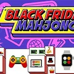 Színes grafikával ellátott kép, amelyen Black Friday Mahjong felirat, különböző elektronikai és divatos tárgyak szerepelnek, mint például okosóra, játékvezérlő, és kamera