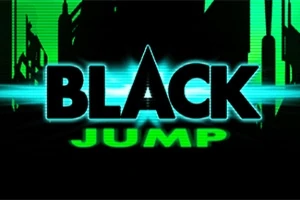 A kép neon zöld és fekete árnyalatú grafikus szöveget mutat BLACK JUMP felirattal, városi háttérrel